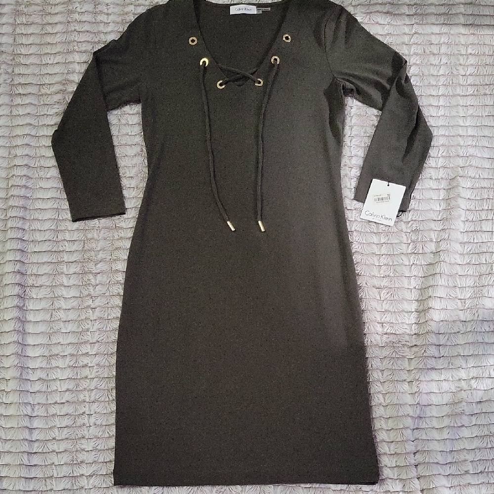 Calvin Klein Olive Long Sleeve Dress with Gold Details